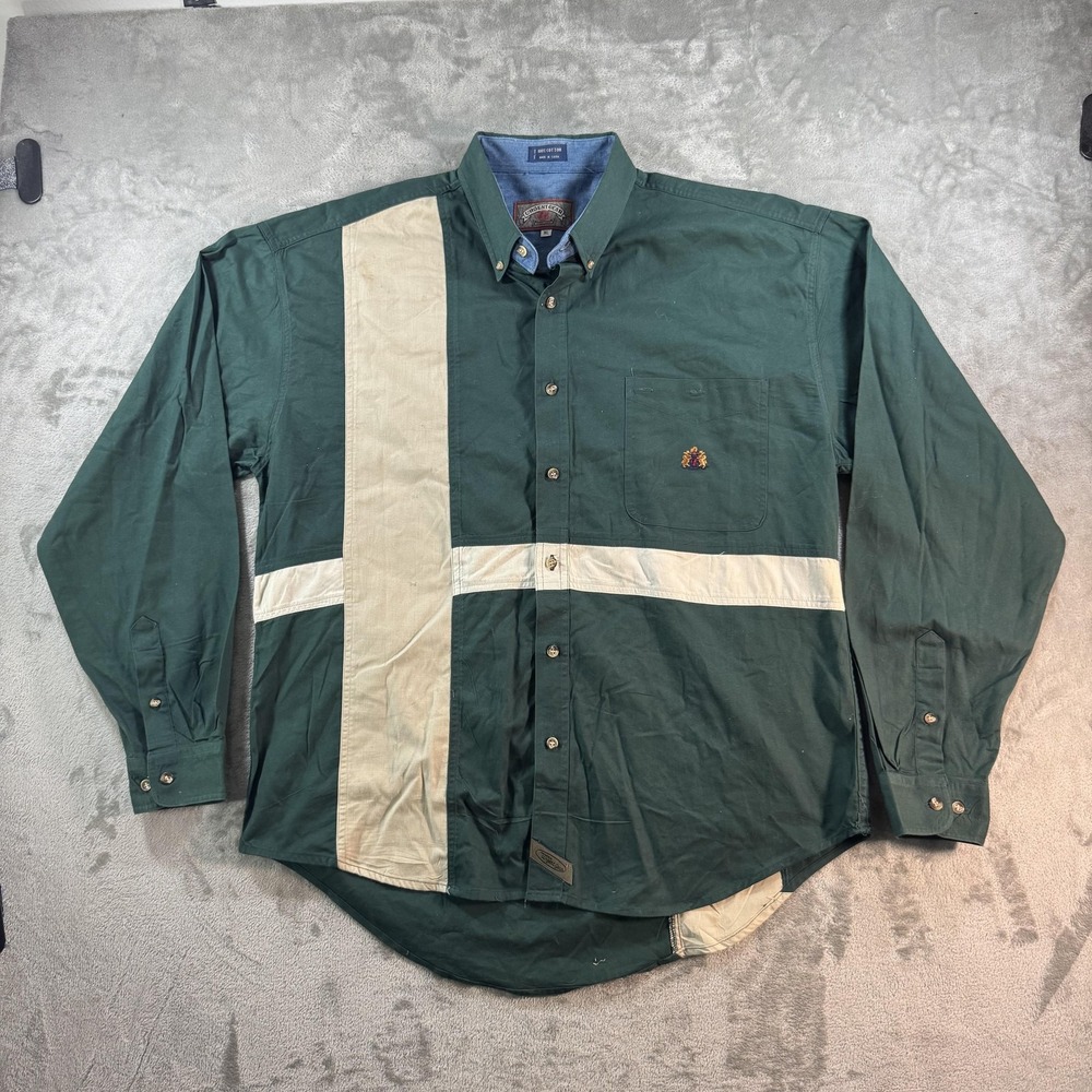 Urgent Gear Shirt Mens XL Green Tan Colorblock Long Sleeve Button Down Casual